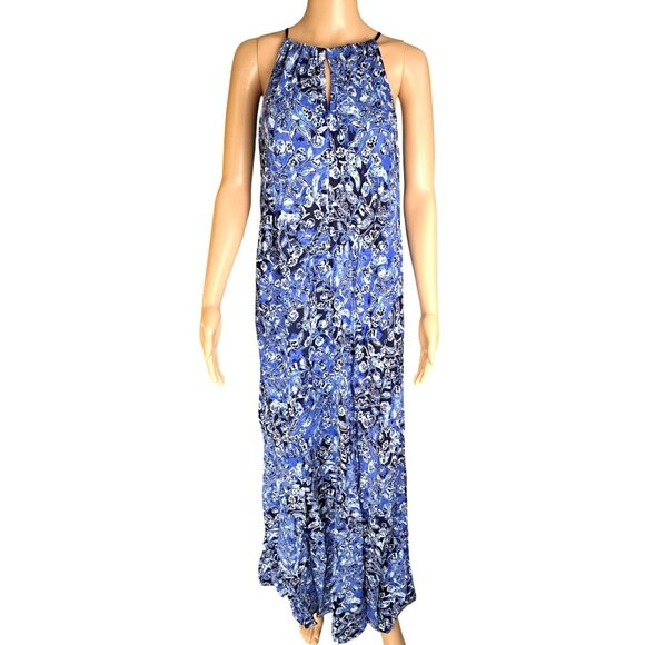 Lucky Brand Dresses & Skirts - Lucky Brand Blue Floral Halter Maxi Dress Adjustable Tasseled Ties Size Large